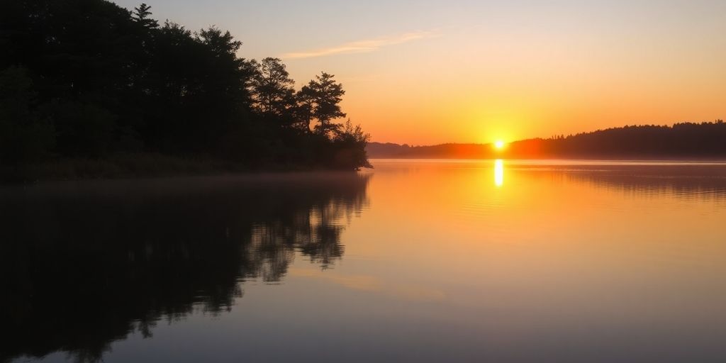 Sunrise over a calm lake with lush trees.