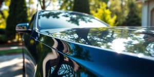 A parked car in a sunny driveway with greenery.