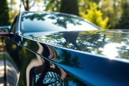 A parked car in a sunny driveway with greenery.