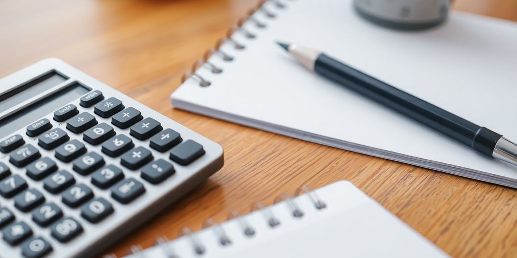 Calculator and notepad on a wooden desk.