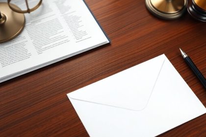 An office desk with an envelope and a pen.