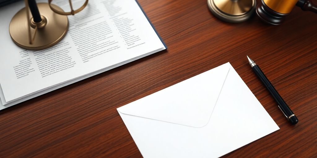 An office desk with an envelope and a pen.