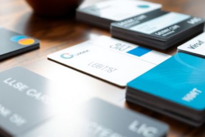 Colorful business credit cards on a wooden table.