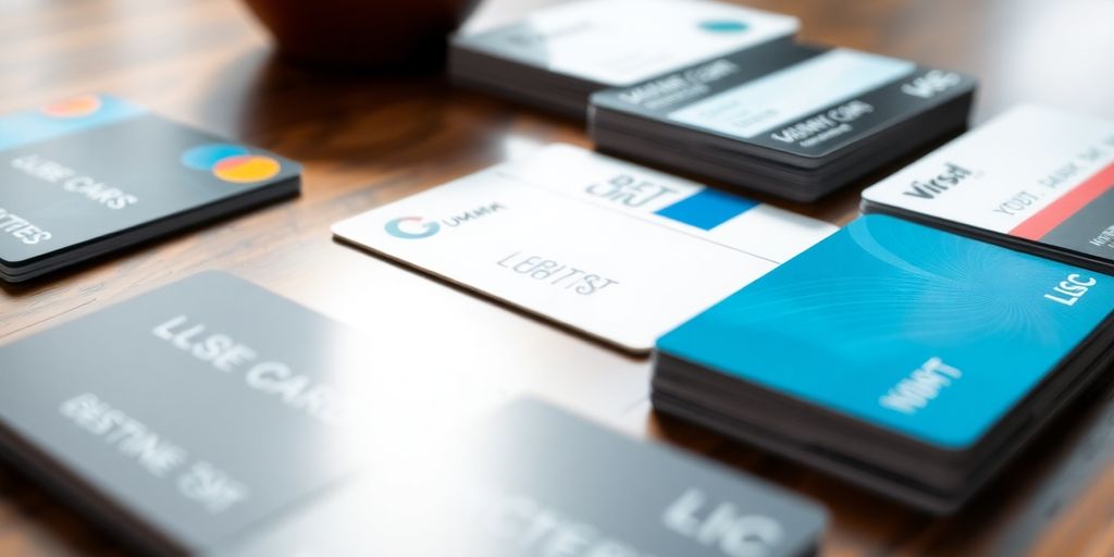 Colorful business credit cards on a wooden table.