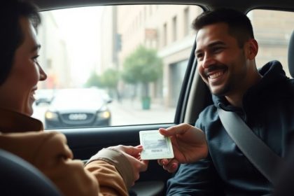 Uber driver and passenger interacting positively in a car.