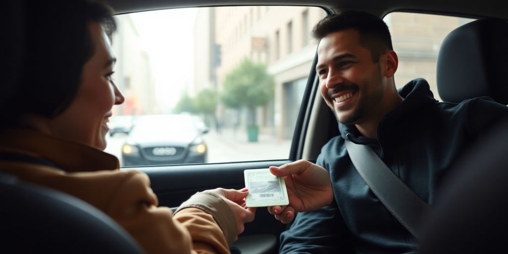 Uber driver and passenger interacting positively in a car.