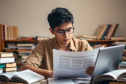 Student studying finance with books and laptop.