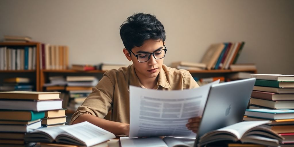 Student studying finance with books and laptop.