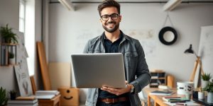 Entrepreneur in a modern workspace with a laptop.