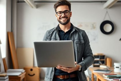 Entrepreneur in a modern workspace with a laptop.