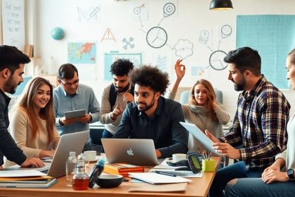 Entrepreneurs collaborating in a vibrant office space.