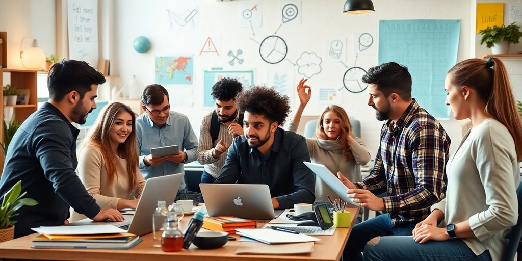 Entrepreneurs collaborating in a vibrant office space.