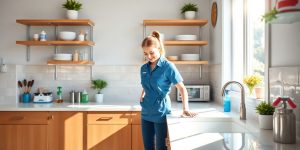 Professional cleaner working in a bright, clean kitchen.