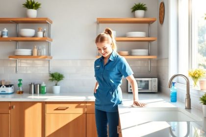 Professional cleaner working in a bright, clean kitchen.