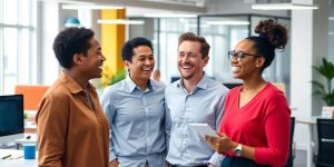 People laughing in a colorful office environment.