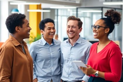 People laughing in a colorful office environment.