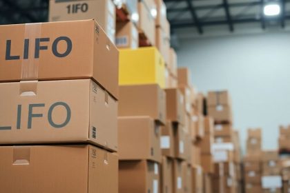 Stacked boxes in a warehouse showing the LIFO method.