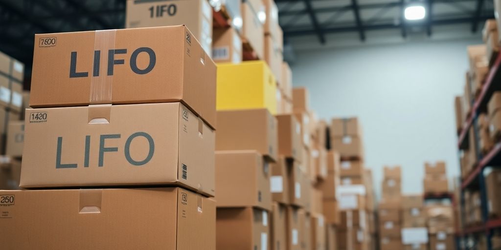 Stacked boxes in a warehouse showing the LIFO method.