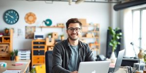 Young entrepreneur in modern workspace with digital tools.