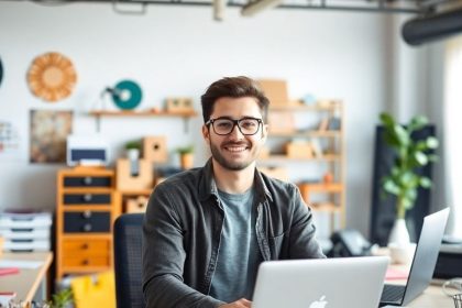 Young entrepreneur in modern workspace with digital tools.