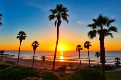 California coastline with palm trees at sunset.