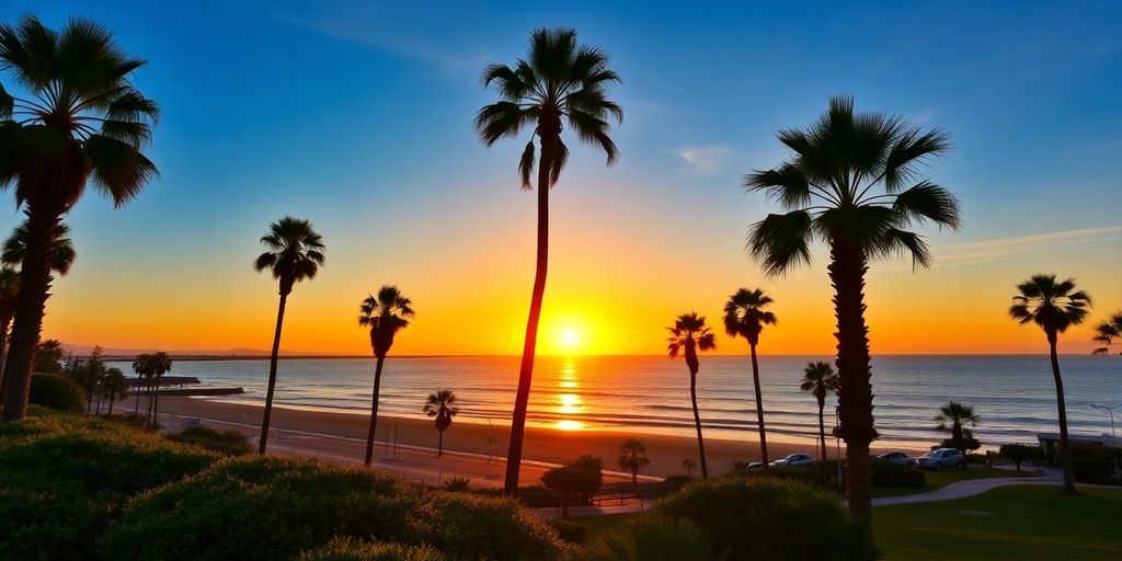 California coastline with palm trees at sunset.