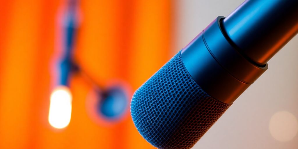 Close-up of a microphone in a cozy studio setting.