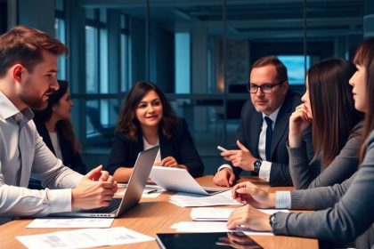 Business professionals collaborating in a modern office setting.