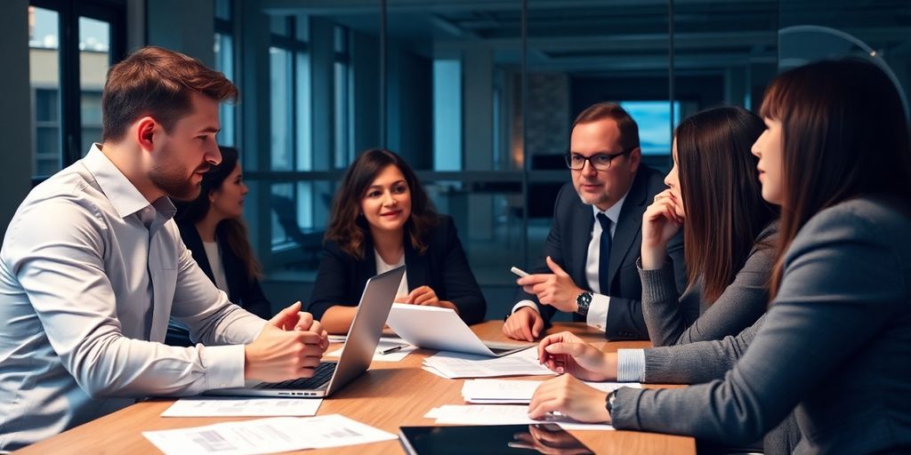 Business professionals collaborating in a modern office setting.