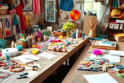 Colorful handmade crafts on a wooden workspace.