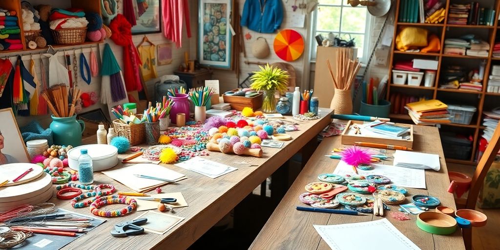 Colorful handmade crafts on a wooden workspace.