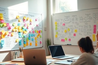 Creative workspace with sticky notes and a laptop.