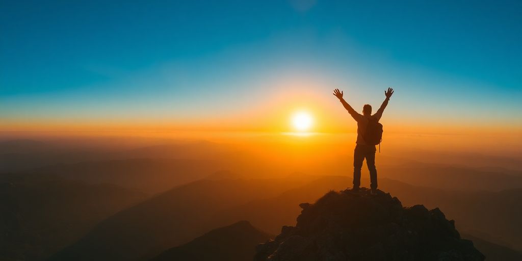 Hiker celebrating success at a mountain summit during sunrise.