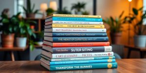 Stack of business books on a table in an office.