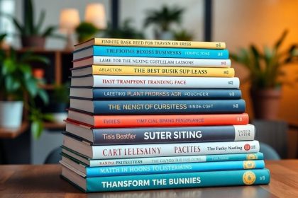 Stack of business books on a table in an office.