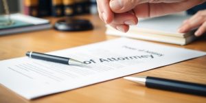 Hand holding pen above a legal document.