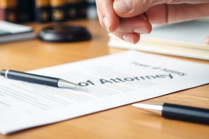 Hand holding pen above a legal document.