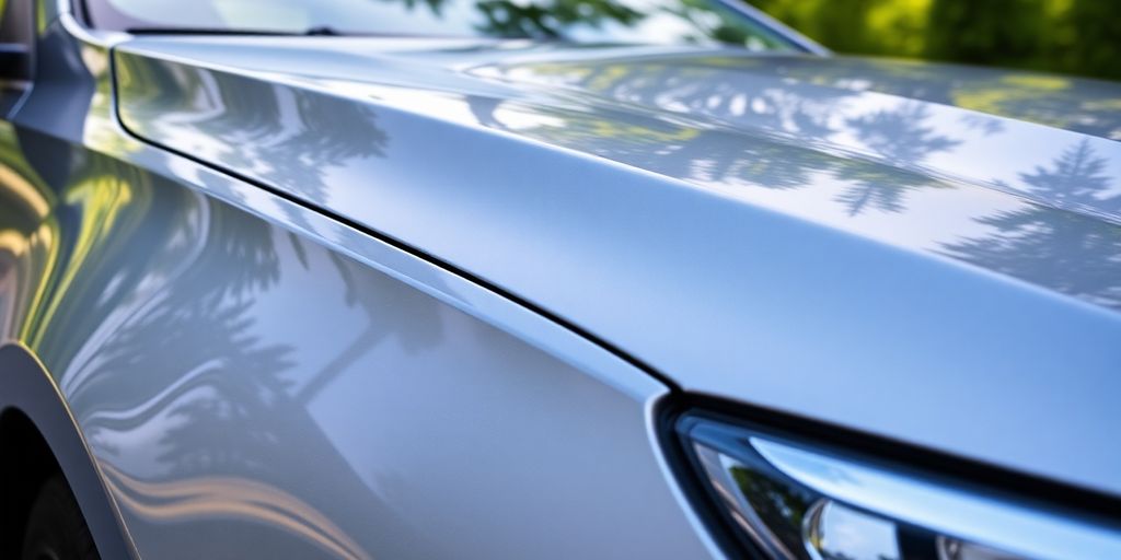 Photograph of a parked car in a green environment.