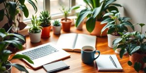 Cozy self-employment workspace with laptop and plants.