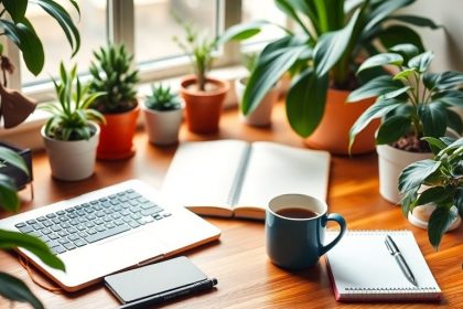 Cozy self-employment workspace with laptop and plants.