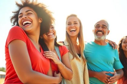 A joyful gathering of friends outdoors, sharing laughs.