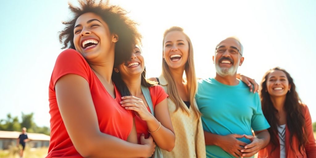 A joyful gathering of friends outdoors, sharing laughs.