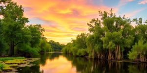 Louisiana bayou with cypress trees and vibrant greenery.