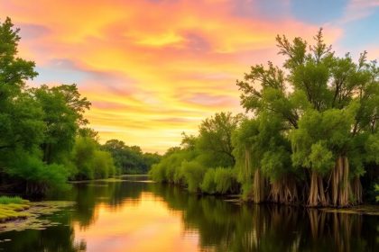 Louisiana bayou with cypress trees and vibrant greenery.