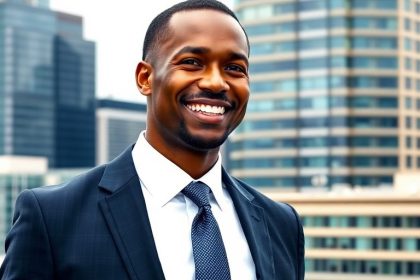 African American businessman smiling in a city skyline.