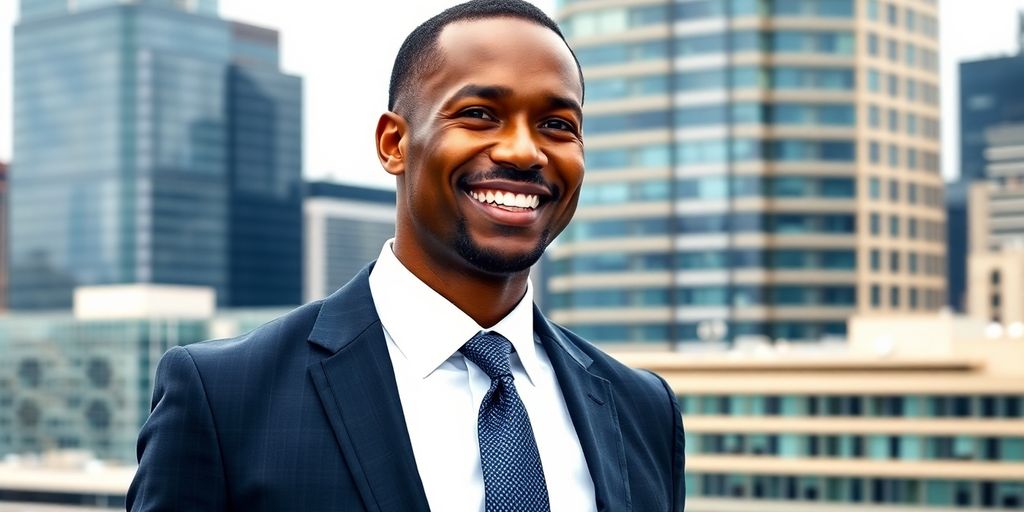 African American businessman smiling in a city skyline.