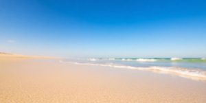 Florida beach with golden sand and clear blue sky.