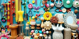 Colorful handmade crafts including jewelry and home decor.