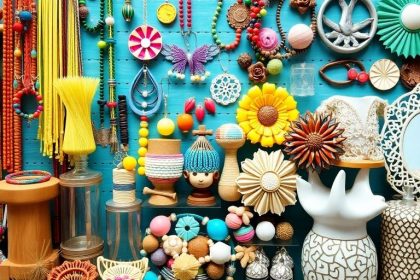 Colorful handmade crafts including jewelry and home decor.