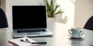 A modern workspace with a laptop and coffee cup.